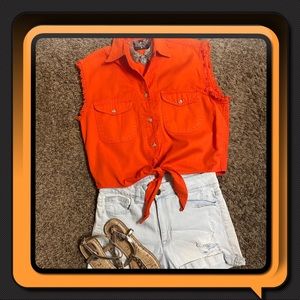 New, Bikers World, Orange Sleeveless Button Down